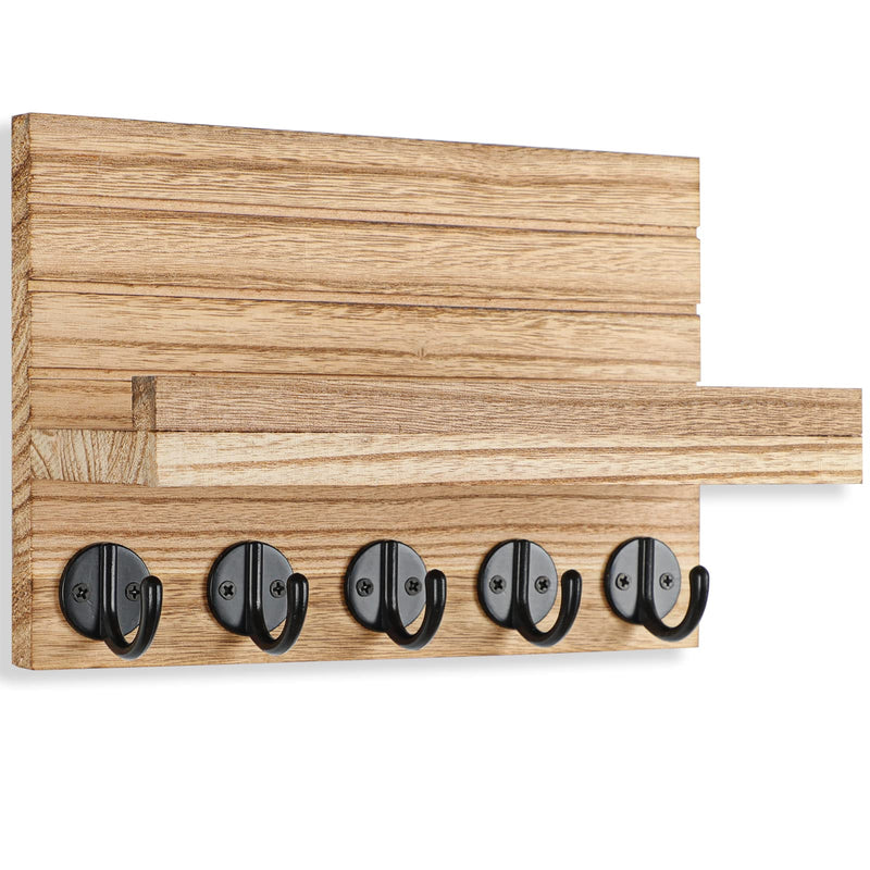 Key Holder for Wall, Decorative Key and Mail Holder with Shelf Has Large Hooks for Bags, Coats, Umbrella – Paulownia Wood Key Hanger with Mounting Hardware (9.8”W x 6.7”H x 4.2”D)