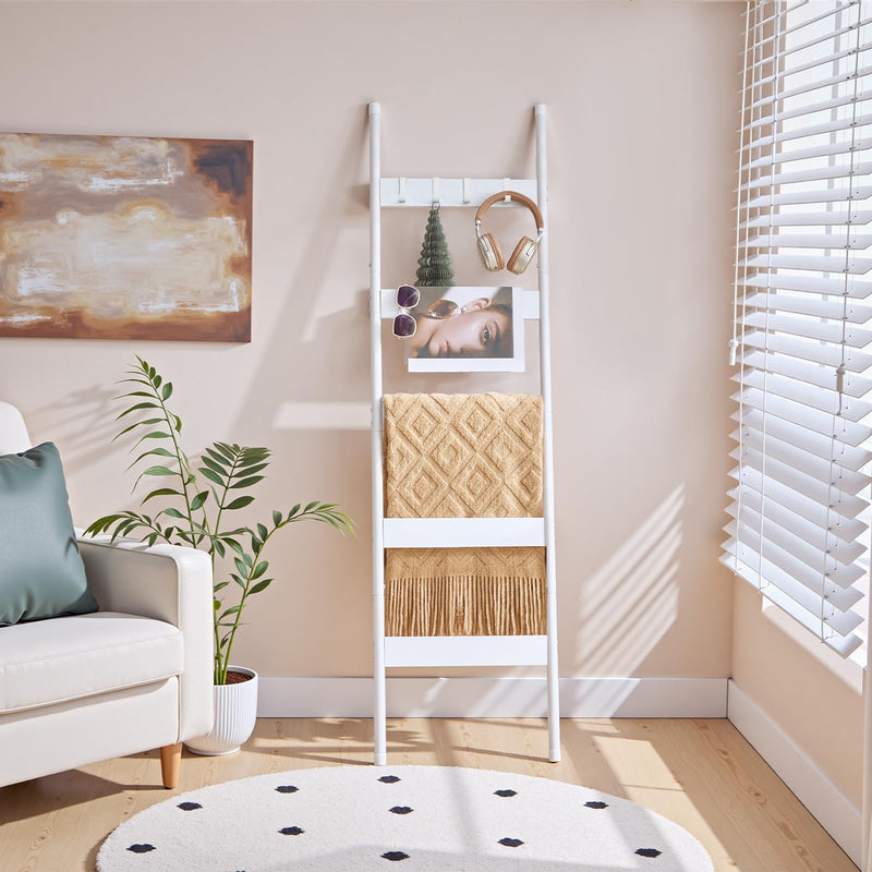 HOOBRO Blanket Ladder, 5-Tier Towel Rack with Hooks, Wall-Leaning Blanket Rack, Decorative Display Ladder Shelf, for Scarves, Industrial, Living Room, Bedroom, Rustic Brown and Black BF52CJ01