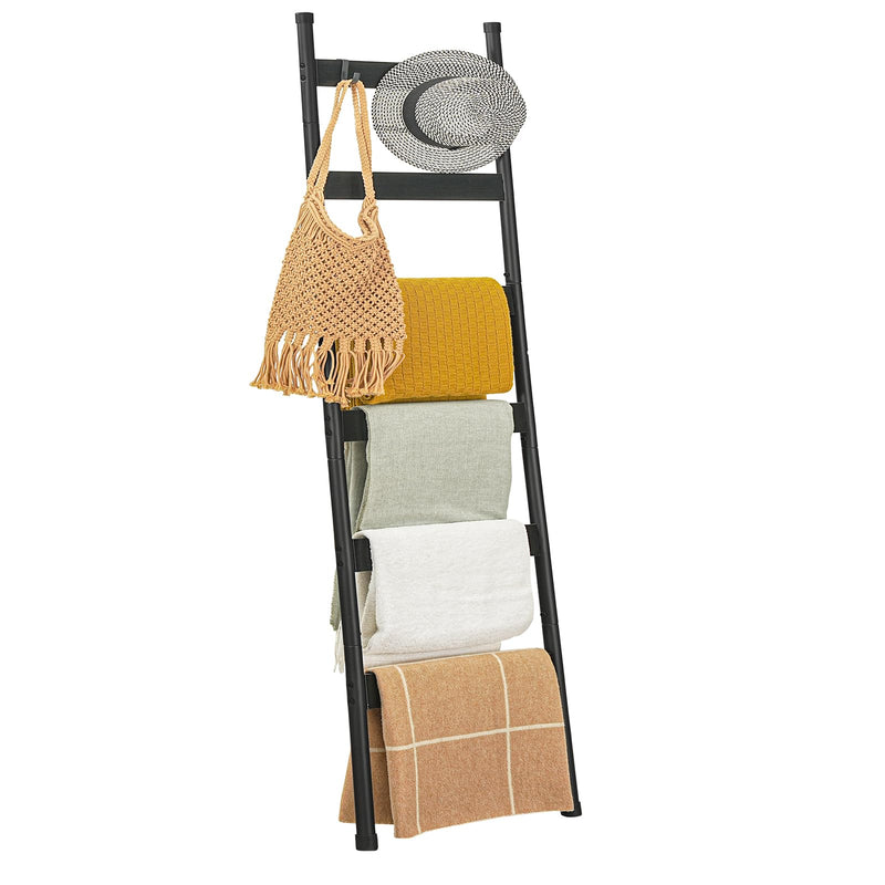 HOOBRO Blanket Ladder, 5-Tier Towel Rack with Hooks, Wall-Leaning Blanket Rack, Decorative Display Ladder Shelf, for Scarves, Industrial, Living Room, Bedroom, Rustic Brown and Black BF52CJ01