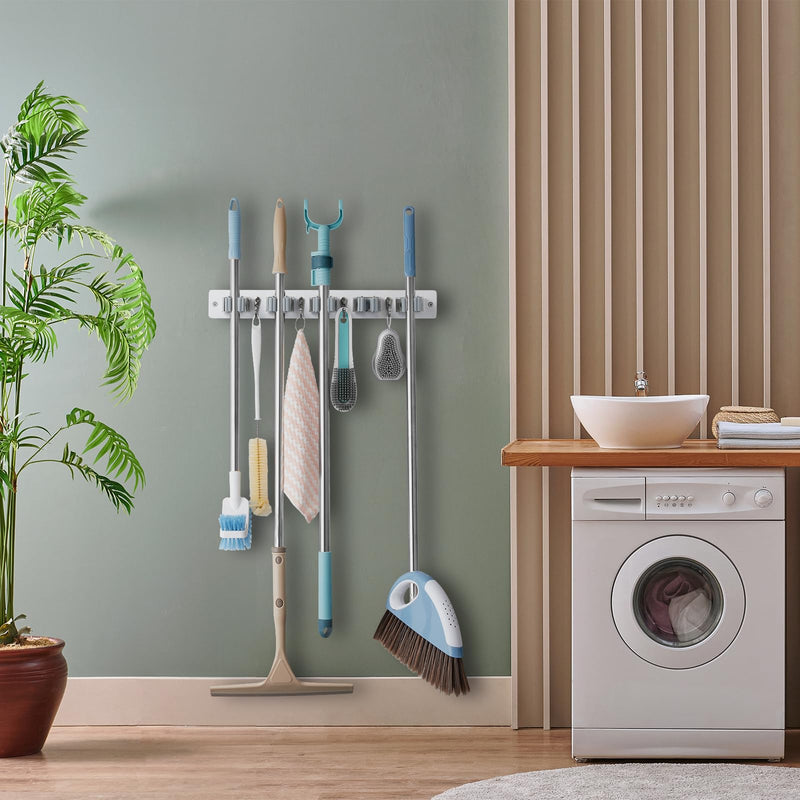 Mop and Broom Holder Wall Mount - Rustic Wood Broom Mop Hanger - Wall Mounted Garden Tool Rack Organizer for Closet Garage Laundry Room Kitchen Decor With 4 Slots & 4 Hooks