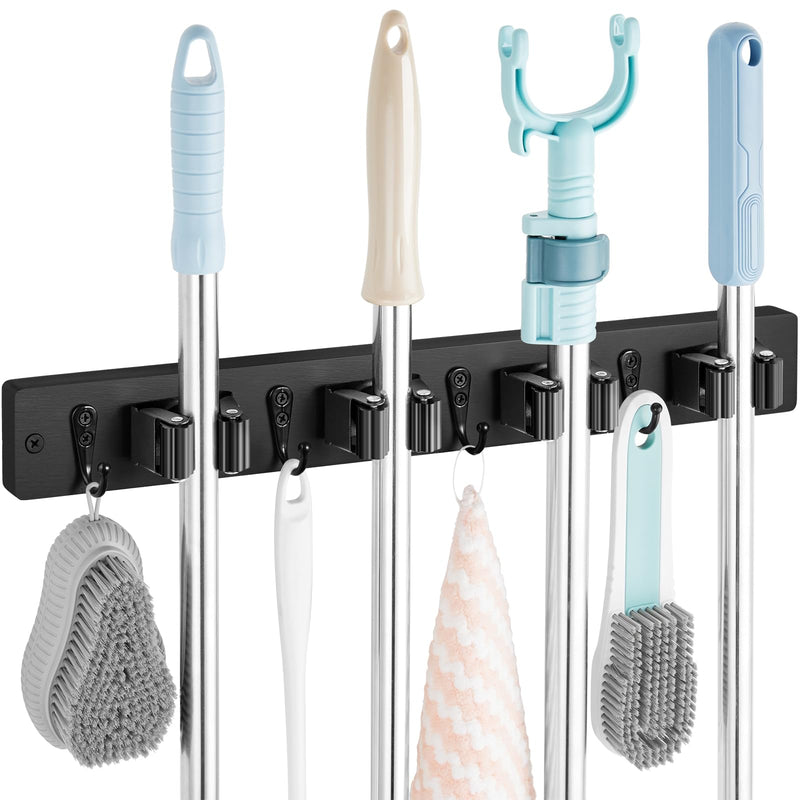 Mop and Broom Holder Wall Mount - Rustic Wood Broom Mop Hanger - Wall Mounted Garden Tool Rack Organizer for Closet Garage Laundry Room Kitchen Decor With 4 Slots & 4 Hooks