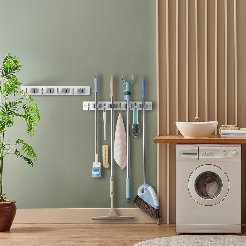 Mop and Broom Holder Wall Mount - Rustic Wood Broom Mop Hanger - Wall Mounted Garden Tool Rack Organizer for Closet Garage Laundry Room Kitchen Decor With 4 Slots & 4 Hooks