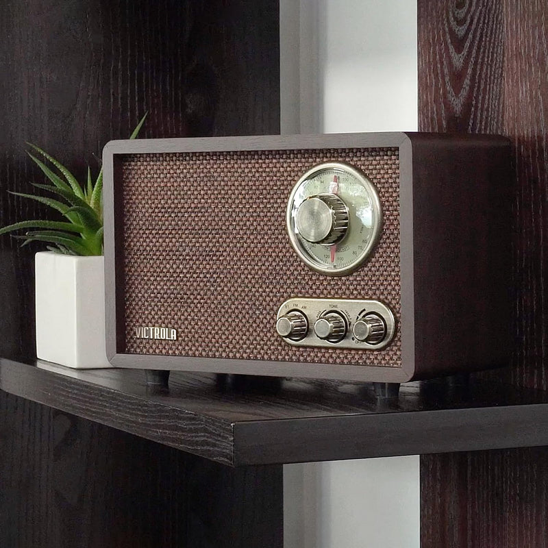 Victrola Willow – Retro Wood Bluetooth Radio with Built-in Speakers: Elegant & Vintage Design, Rotary AM/FM Tuning Dial, Bass & Treble Control, Wireless Streaming (Espresso)