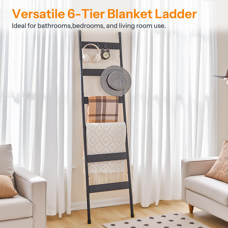 HOOBRO Blanket Ladder, 5-Tier Towel Rack with Hooks, Wall-Leaning Blanket Rack, Decorative Display Ladder Shelf, for Scarves, Industrial, Living Room, Bedroom, Rustic Brown and Black BF52CJ01