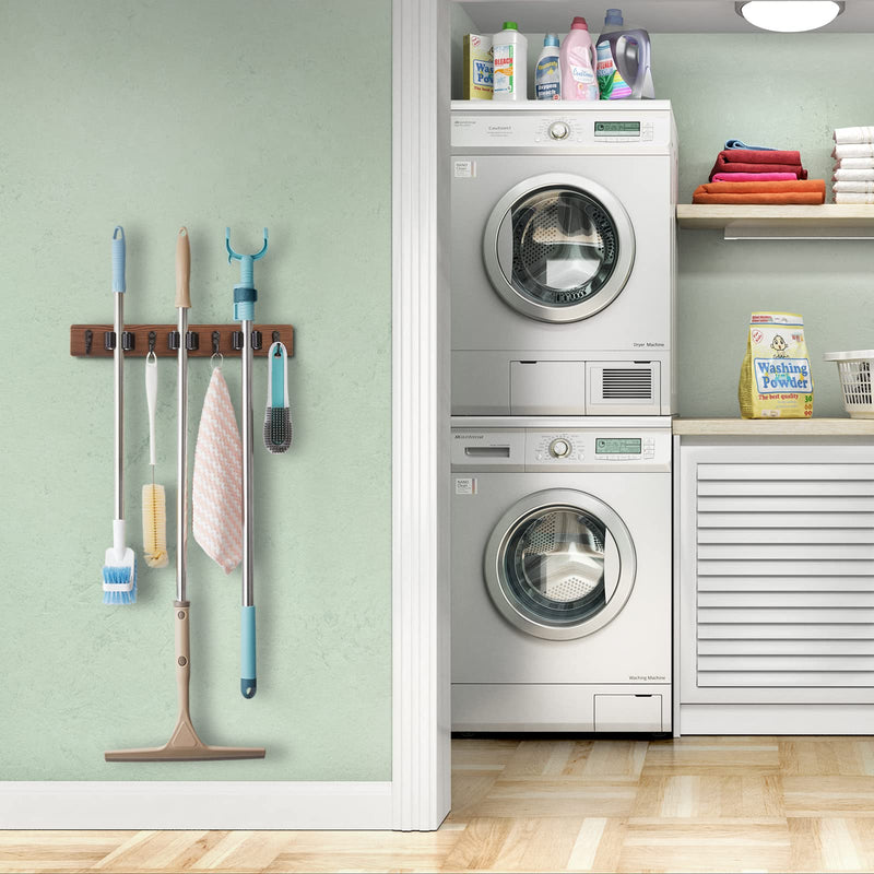 Mop and Broom Holder Wall Mount - Rustic Wood Broom Mop Hanger - Wall Mounted Garden Tool Rack Organizer for Closet Garage Laundry Room Kitchen Decor With 4 Slots & 4 Hooks