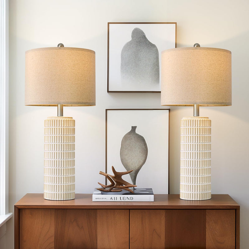 PoKat 23" Modern Ceramic Table Lamp Set of 2 for Living Room White Desk Lamps for Bedroom Farmhouse Bedside Nightstand Bedside Lamp End Table Lamps Beige
