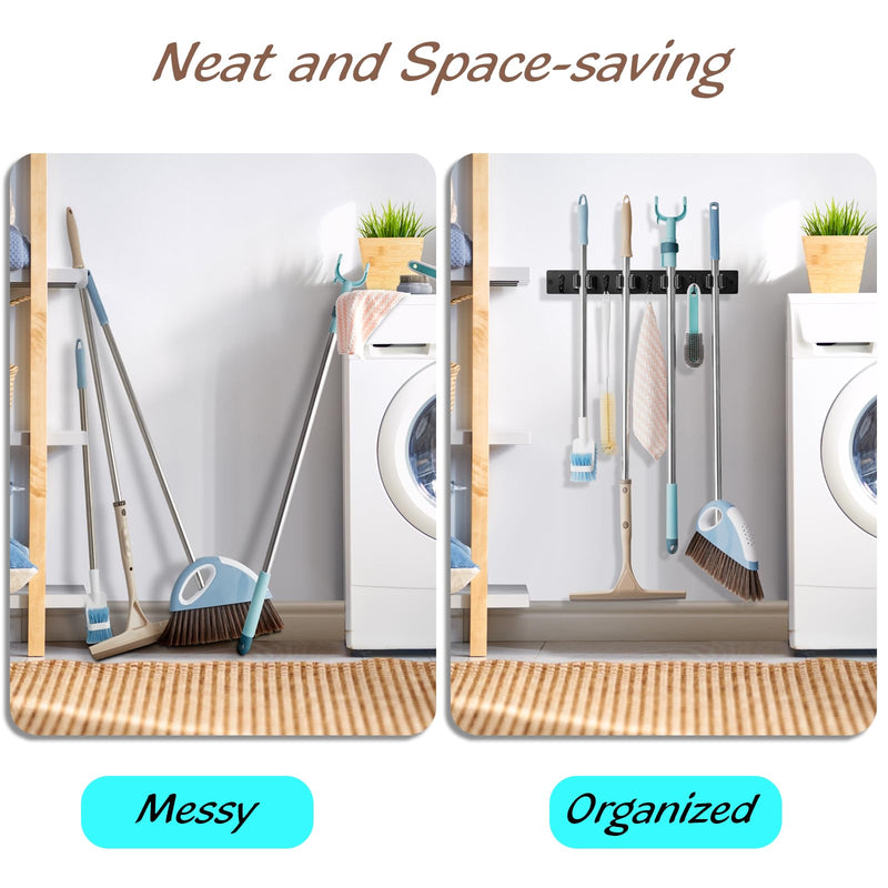 Mop and Broom Holder Wall Mount - Rustic Wood Broom Mop Hanger - Wall Mounted Garden Tool Rack Organizer for Closet Garage Laundry Room Kitchen Decor With 4 Slots & 4 Hooks