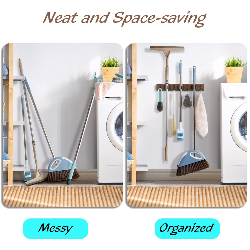 Mop and Broom Holder Wall Mount - Rustic Wood Broom Mop Hanger - Wall Mounted Garden Tool Rack Organizer for Closet Garage Laundry Room Kitchen Decor With 4 Slots & 4 Hooks
