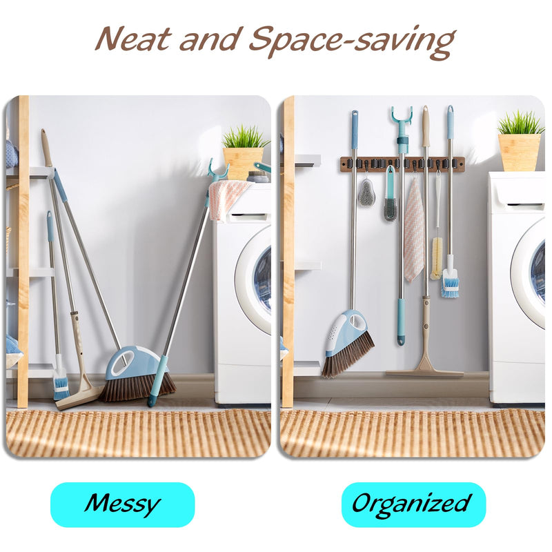 Mop and Broom Holder Wall Mount - Rustic Wood Broom Mop Hanger - Wall Mounted Garden Tool Rack Organizer for Closet Garage Laundry Room Kitchen Decor With 4 Slots & 4 Hooks