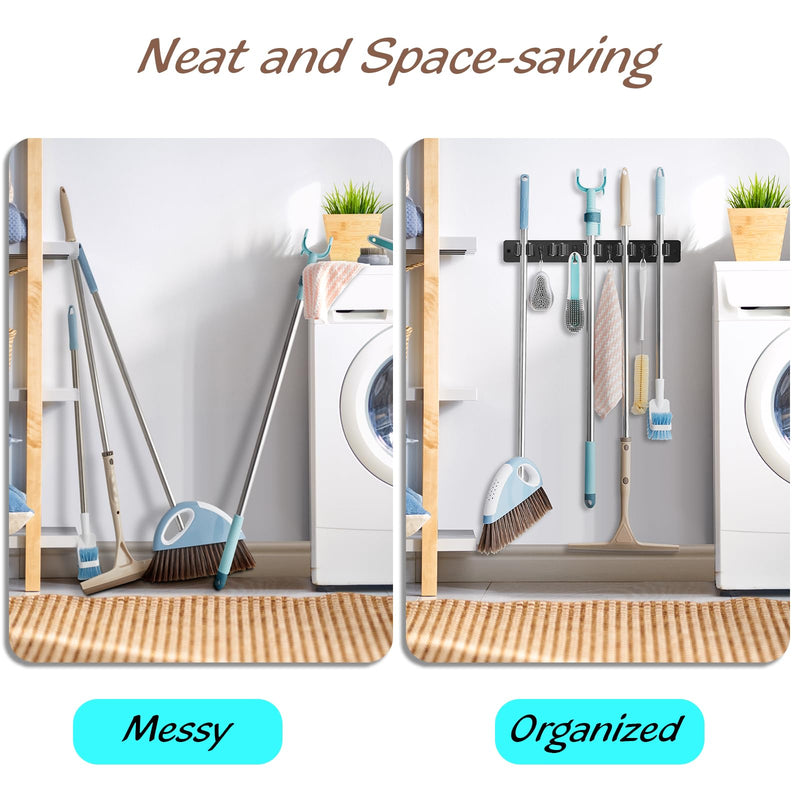 Mop and Broom Holder Wall Mount - Rustic Wood Broom Mop Hanger - Wall Mounted Garden Tool Rack Organizer for Closet Garage Laundry Room Kitchen Decor With 4 Slots & 4 Hooks