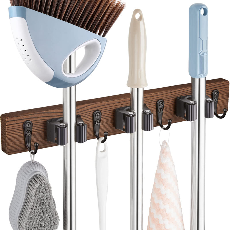 Mop and Broom Holder Wall Mount - Rustic Wood Broom Mop Hanger - Wall Mounted Garden Tool Rack Organizer for Closet Garage Laundry Room Kitchen Decor With 4 Slots & 4 Hooks