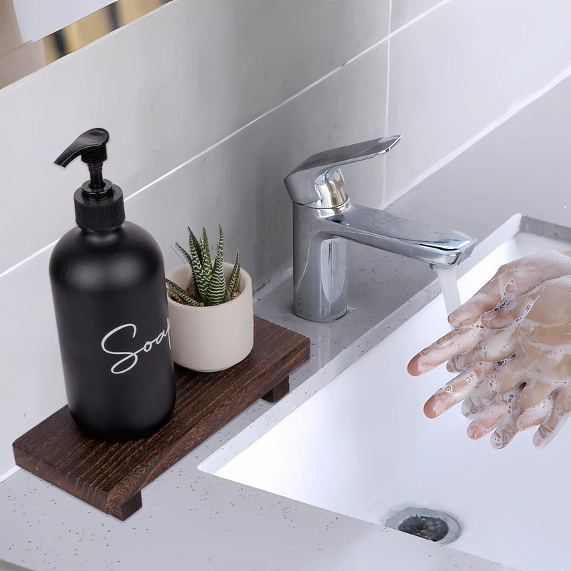 Small Wood Tray Pedestal Stand Farmhouse Bathroom Decor Decorative Wooden Riser Kitchen Soap Dish Holder for Vanity, Counter, Sink, Brown