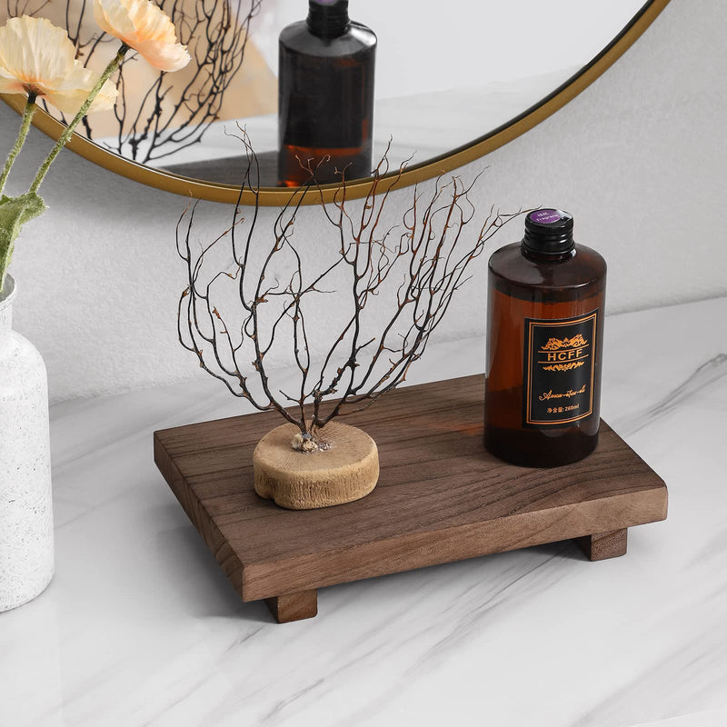 Small Wood Tray Pedestal Stand Farmhouse Bathroom Decor Decorative Wooden Riser Kitchen Soap Dish Holder for Vanity, Counter, Sink, Brown
