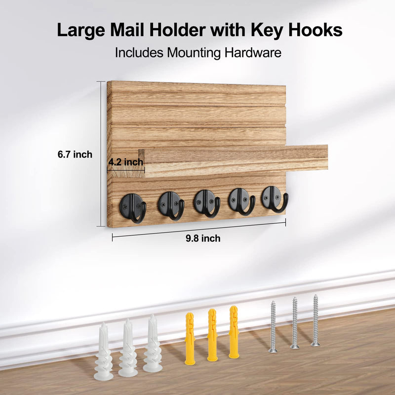Key Holder for Wall, Decorative Key and Mail Holder with Shelf Has Large Hooks for Bags, Coats, Umbrella – Paulownia Wood Key Hanger with Mounting Hardware (9.8”W x 6.7”H x 4.2”D)