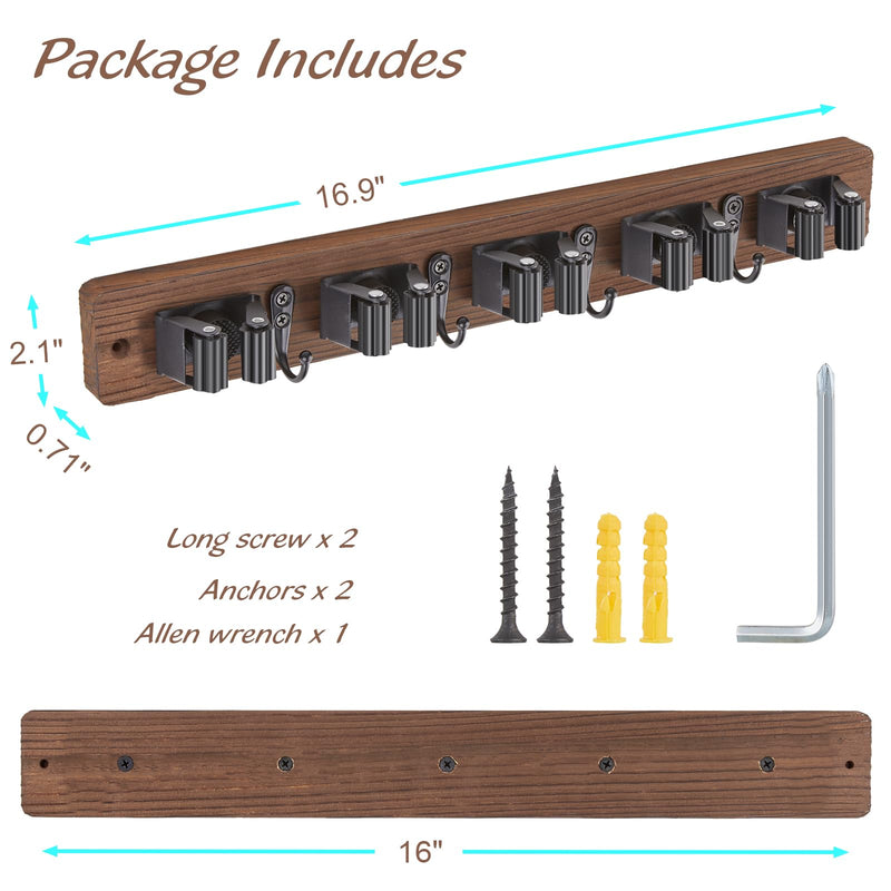 Mop and Broom Holder Wall Mount - Rustic Wood Broom Mop Hanger - Wall Mounted Garden Tool Rack Organizer for Closet Garage Laundry Room Kitchen Decor With 4 Slots & 4 Hooks