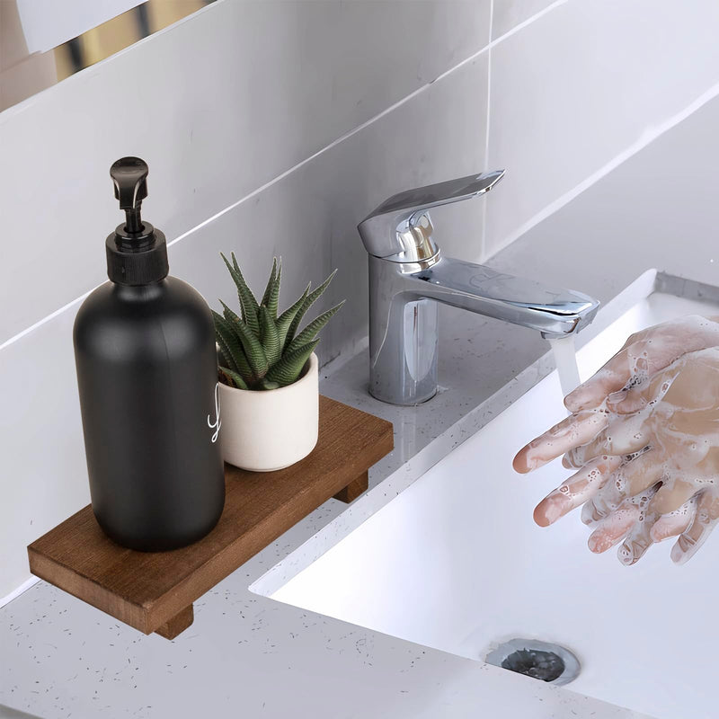 Small Wood Tray Pedestal Stand Farmhouse Bathroom Decor Decorative Wooden Riser Kitchen Soap Dish Holder for Vanity, Counter, Sink, Brown