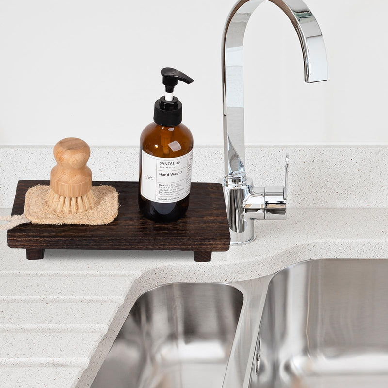 Small Wood Tray Pedestal Stand Farmhouse Bathroom Decor Decorative Wooden Riser Kitchen Soap Dish Holder for Vanity, Counter, Sink, Brown