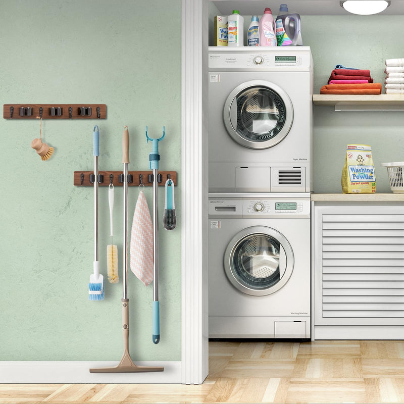 Mop and Broom Holder Wall Mount - Rustic Wood Broom Mop Hanger - Wall Mounted Garden Tool Rack Organizer for Closet Garage Laundry Room Kitchen Decor With 4 Slots & 4 Hooks
