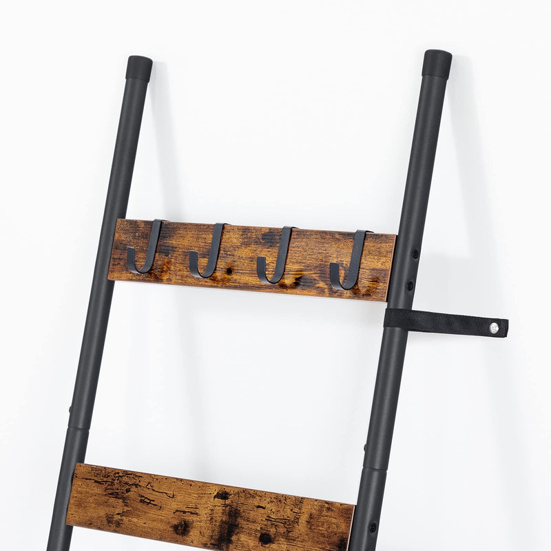 HOOBRO Blanket Ladder, 5-Tier Towel Rack with Hooks, Wall-Leaning Blanket Rack, Decorative Display Ladder Shelf, for Scarves, Industrial, Living Room, Bedroom, Rustic Brown and Black BF52CJ01