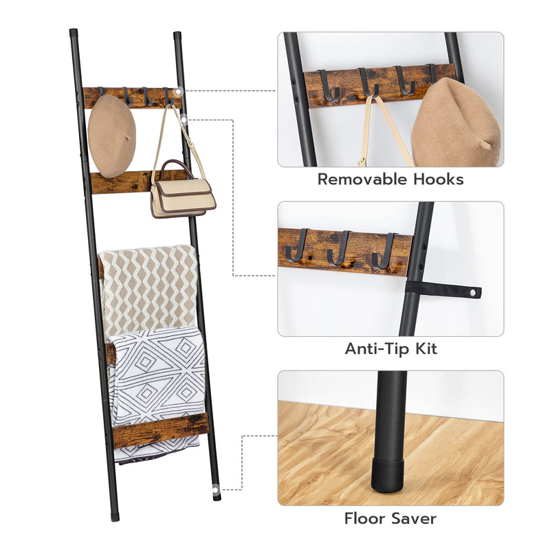 HOOBRO Blanket Ladder, 5-Tier Towel Rack with Hooks, Wall-Leaning Blanket Rack, Decorative Display Ladder Shelf, for Scarves, Industrial, Living Room, Bedroom, Rustic Brown and Black BF52CJ01