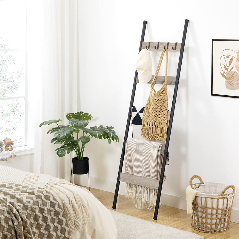HOOBRO Blanket Ladder, 5-Tier Towel Rack with Hooks, Wall-Leaning Blanket Rack, Decorative Display Ladder Shelf, for Scarves, Industrial, Living Room, Bedroom, Rustic Brown and Black BF52CJ01