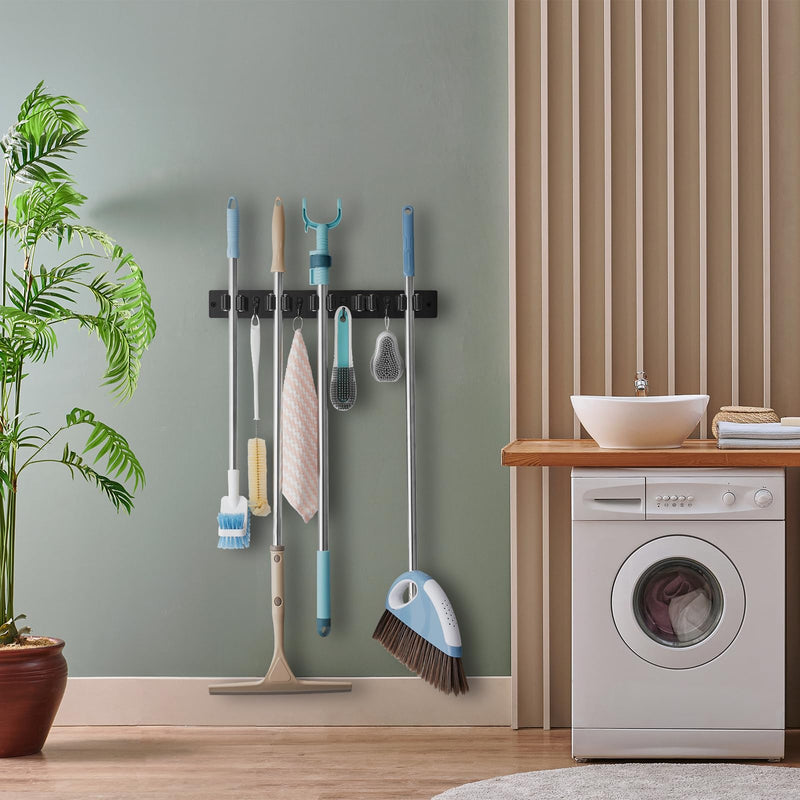 Mop and Broom Holder Wall Mount - Rustic Wood Broom Mop Hanger - Wall Mounted Garden Tool Rack Organizer for Closet Garage Laundry Room Kitchen Decor With 4 Slots & 4 Hooks