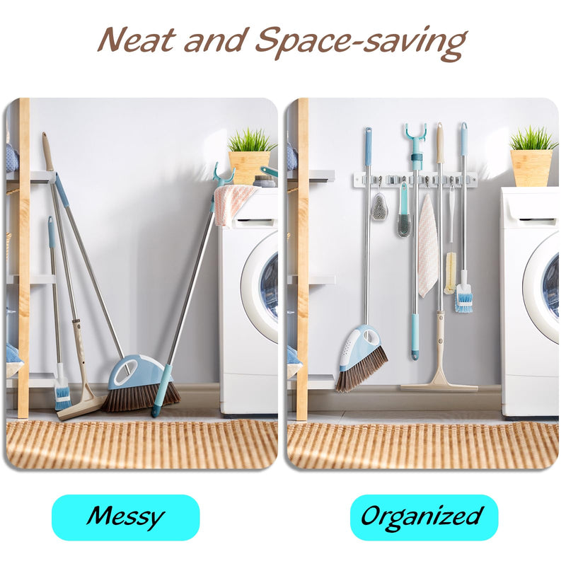 Mop and Broom Holder Wall Mount - Rustic Wood Broom Mop Hanger - Wall Mounted Garden Tool Rack Organizer for Closet Garage Laundry Room Kitchen Decor With 4 Slots & 4 Hooks