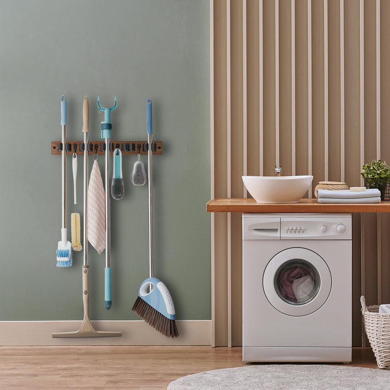 Mop and Broom Holder Wall Mount - Rustic Wood Broom Mop Hanger - Wall Mounted Garden Tool Rack Organizer for Closet Garage Laundry Room Kitchen Decor With 4 Slots & 4 Hooks