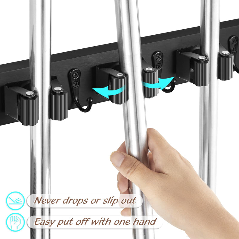 Mop and Broom Holder Wall Mount - Rustic Wood Broom Mop Hanger - Wall Mounted Garden Tool Rack Organizer for Closet Garage Laundry Room Kitchen Decor With 4 Slots & 4 Hooks