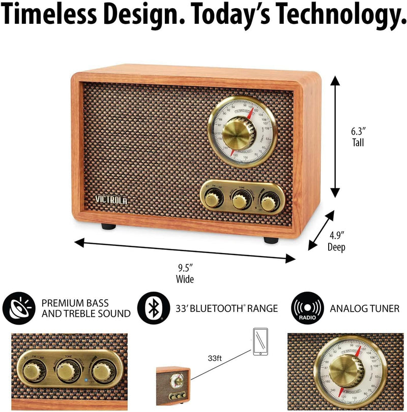 Victrola Willow – Retro Wood Bluetooth Radio with Built-in Speakers: Elegant & Vintage Design, Rotary AM/FM Tuning Dial, Bass & Treble Control, Wireless Streaming (Espresso)