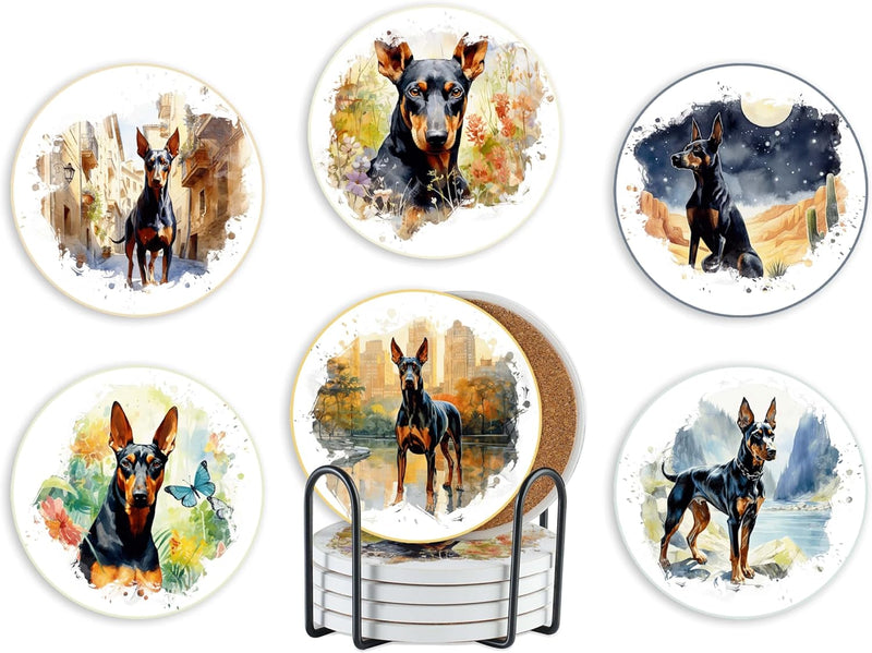 Doberman Pinscher Gifts, Ceramic Coaster, Set of 6, with Gift Box, Absorbent with Cork Base, Home Decor for Family, Housewarming, Thanksgiving, Birthday and Christmas