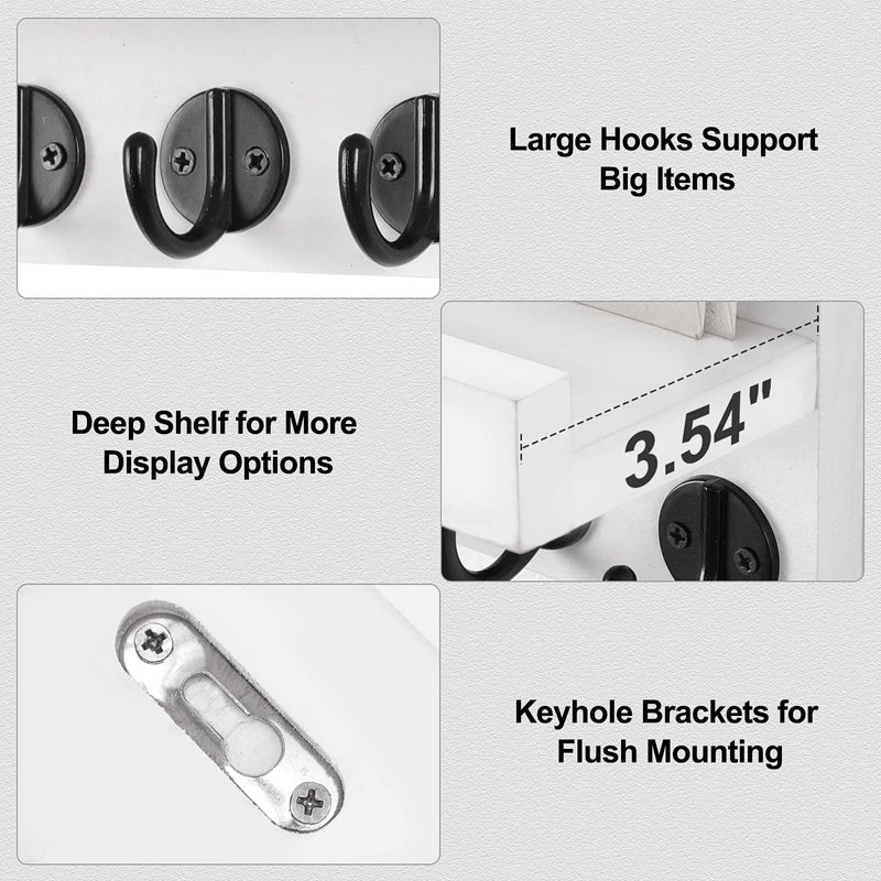 Key Holder for Wall, Decorative Key and Mail Holder with Shelf Has Large Hooks for Bags, Coats, Umbrella – Paulownia Wood Key Hanger with Mounting Hardware (9.8”W x 6.7”H x 4.2”D)