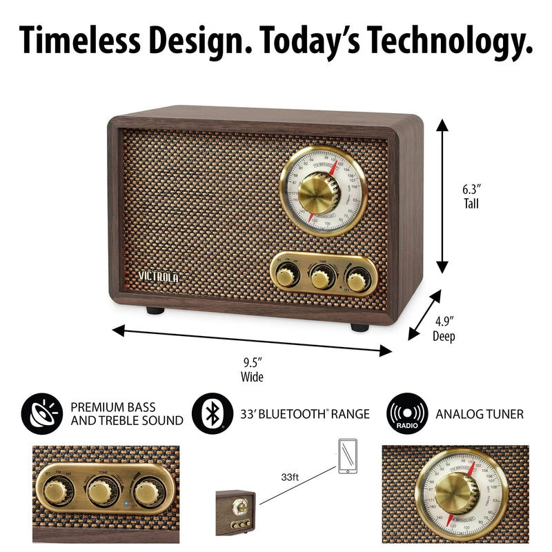 Victrola Willow – Retro Wood Bluetooth Radio with Built-in Speakers: Elegant & Vintage Design, Rotary AM/FM Tuning Dial, Bass & Treble Control, Wireless Streaming (Espresso)