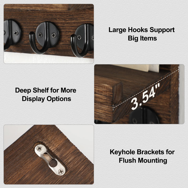 Key Holder for Wall, Decorative Key and Mail Holder with Shelf Has Large Hooks for Bags, Coats, Umbrella – Paulownia Wood Key Hanger with Mounting Hardware (9.8”W x 6.7”H x 4.2”D)
