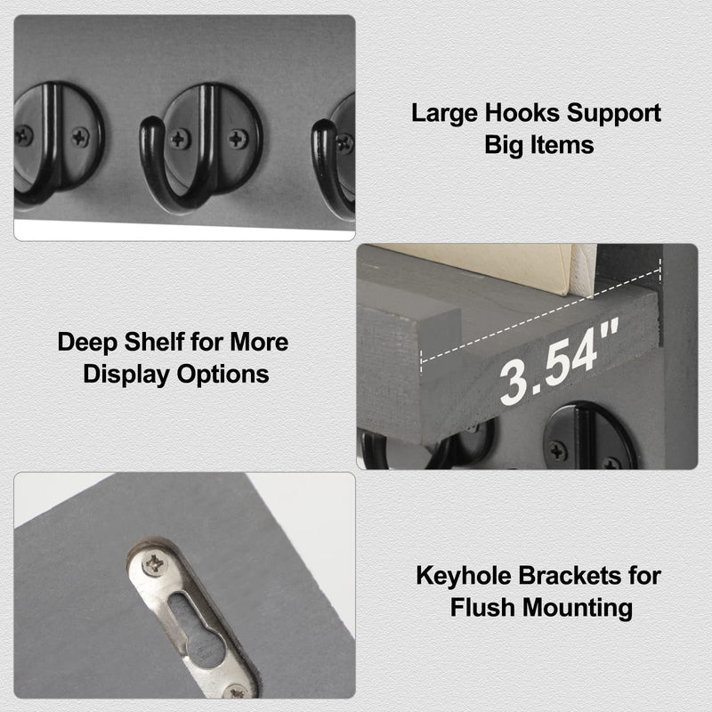 Key Holder for Wall, Decorative Key and Mail Holder with Shelf Has Large Hooks for Bags, Coats, Umbrella – Paulownia Wood Key Hanger with Mounting Hardware (9.8”W x 6.7”H x 4.2”D)