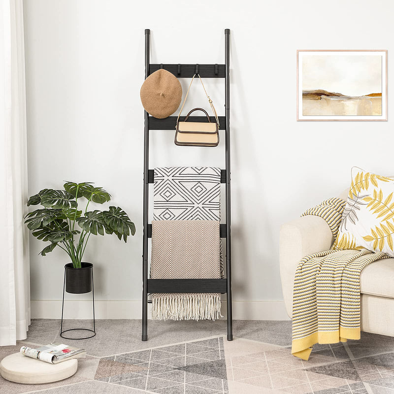 HOOBRO Blanket Ladder, 5-Tier Towel Rack with Hooks, Wall-Leaning Blanket Rack, Decorative Display Ladder Shelf, for Scarves, Industrial, Living Room, Bedroom, Rustic Brown and Black BF52CJ01