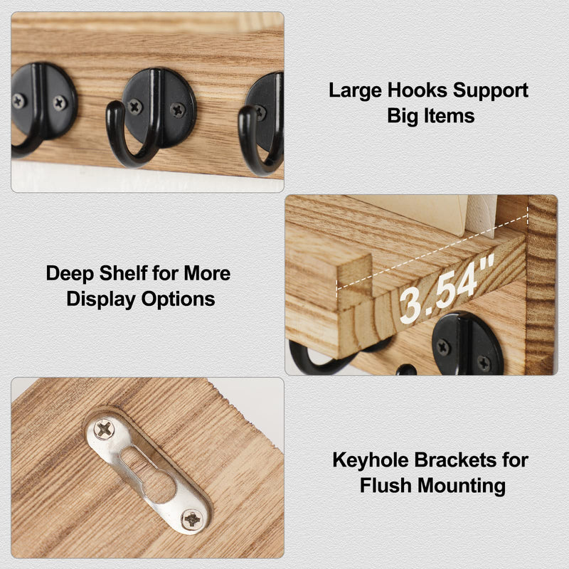 Key Holder for Wall, Decorative Key and Mail Holder with Shelf Has Large Hooks for Bags, Coats, Umbrella – Paulownia Wood Key Hanger with Mounting Hardware (9.8”W x 6.7”H x 4.2”D)