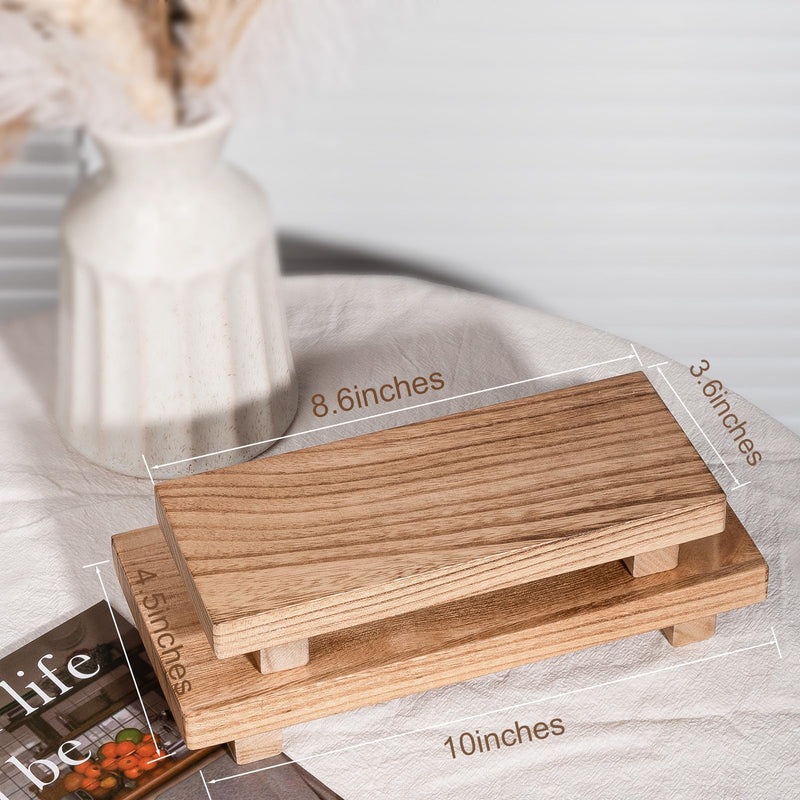Small Wood Tray Pedestal Stand Farmhouse Bathroom Decor Decorative Wooden Riser Kitchen Soap Dish Holder for Vanity, Counter, Sink, Brown