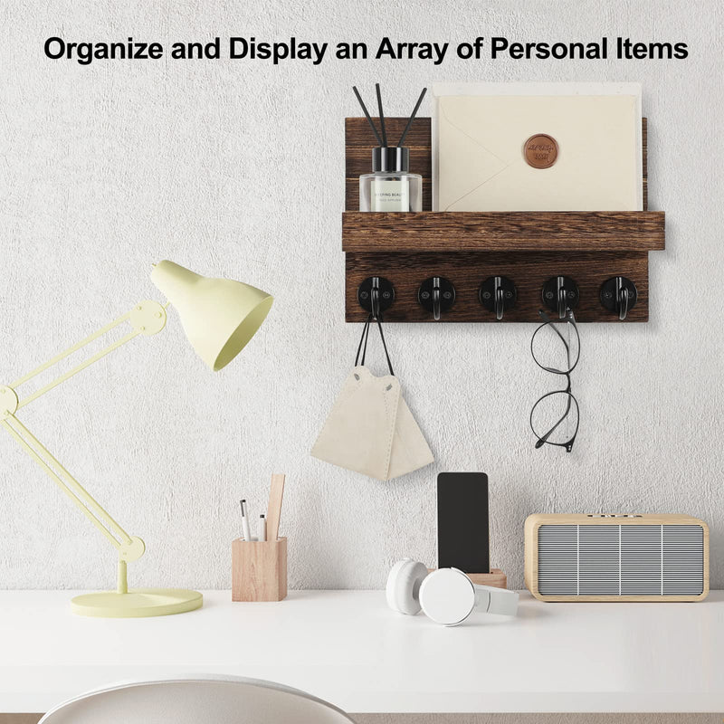 Key Holder for Wall, Decorative Key and Mail Holder with Shelf Has Large Hooks for Bags, Coats, Umbrella – Paulownia Wood Key Hanger with Mounting Hardware (9.8”W x 6.7”H x 4.2”D)