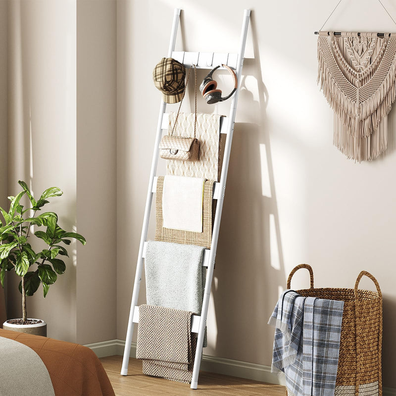 HOOBRO Blanket Ladder, 5-Tier Towel Rack with Hooks, Wall-Leaning Blanket Rack, Decorative Display Ladder Shelf, for Scarves, Industrial, Living Room, Bedroom, Rustic Brown and Black BF52CJ01
