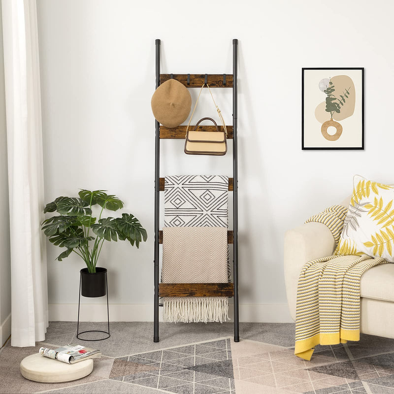 HOOBRO Blanket Ladder, 5-Tier Towel Rack with Hooks, Wall-Leaning Blanket Rack, Decorative Display Ladder Shelf, for Scarves, Industrial, Living Room, Bedroom, Rustic Brown and Black BF52CJ01