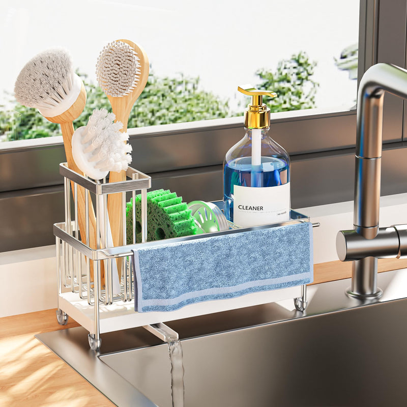 Cisily Black Sponge Holder for Kitchen Sink, Sink Caddy Organizer with High Brush Holder, Kitchen Countertop Organizers and Storage Essentials, Rustproof 304 Stainless Steel, Soap Dispenser Organize