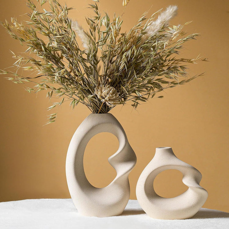 Modern White vase Set of 2,Pampas Grass Ceramic vases for Wedding Party,Aesthetic Flower Vase for Home Decor,Kitchen Tables,Living Room,Bedroom,Console,Wooden Shelf,Office,Coffee Decoration(2 Pcs)