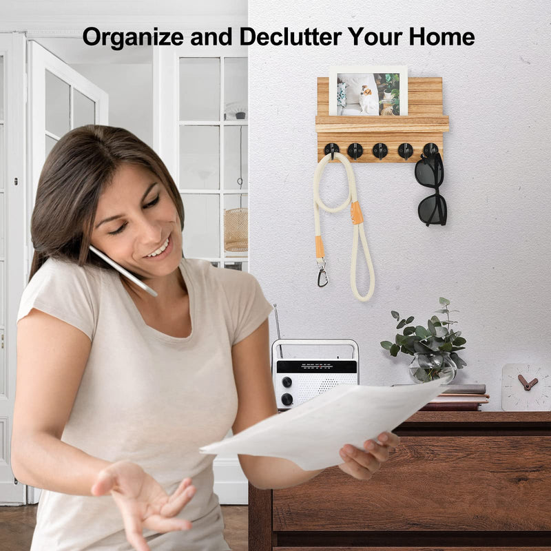 Key Holder for Wall, Decorative Key and Mail Holder with Shelf Has Large Hooks for Bags, Coats, Umbrella – Paulownia Wood Key Hanger with Mounting Hardware (9.8”W x 6.7”H x 4.2”D)