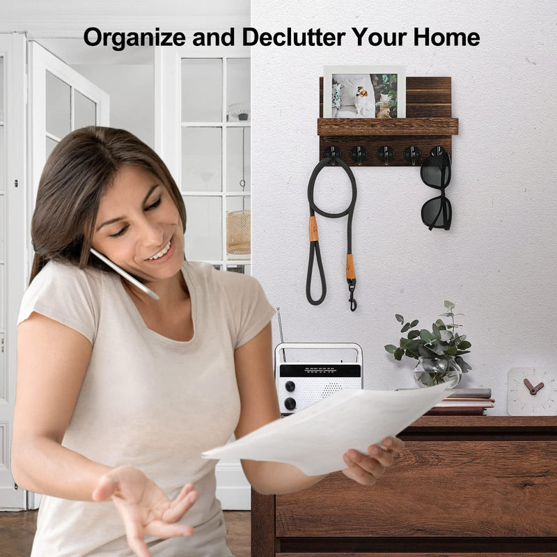Key Holder for Wall, Decorative Key and Mail Holder with Shelf Has Large Hooks for Bags, Coats, Umbrella – Paulownia Wood Key Hanger with Mounting Hardware (9.8”W x 6.7”H x 4.2”D)