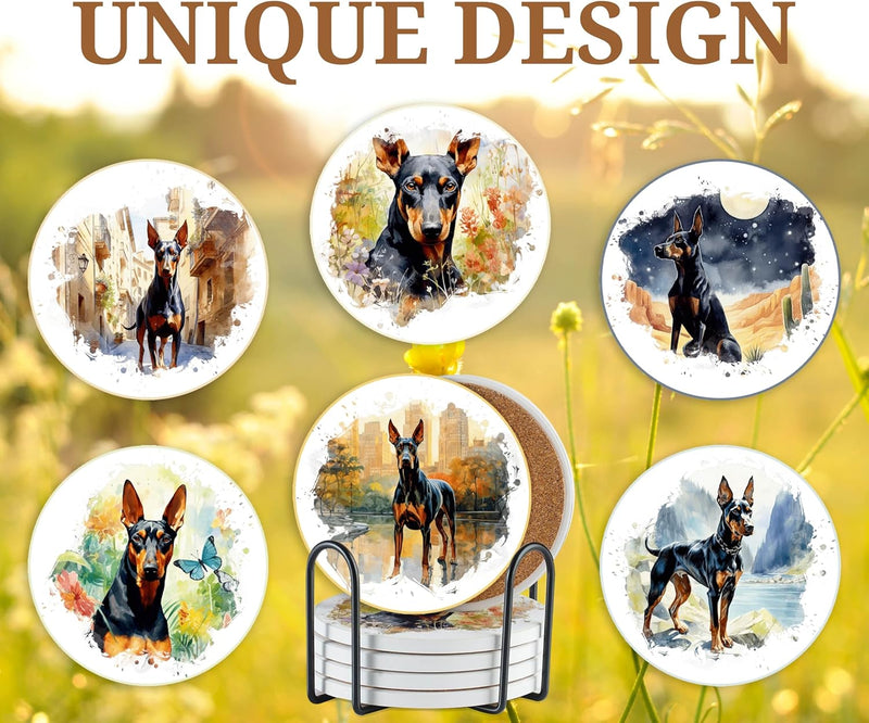 Doberman Pinscher Gifts, Ceramic Coaster, Set of 6, with Gift Box, Absorbent with Cork Base, Home Decor for Family, Housewarming, Thanksgiving, Birthday and Christmas