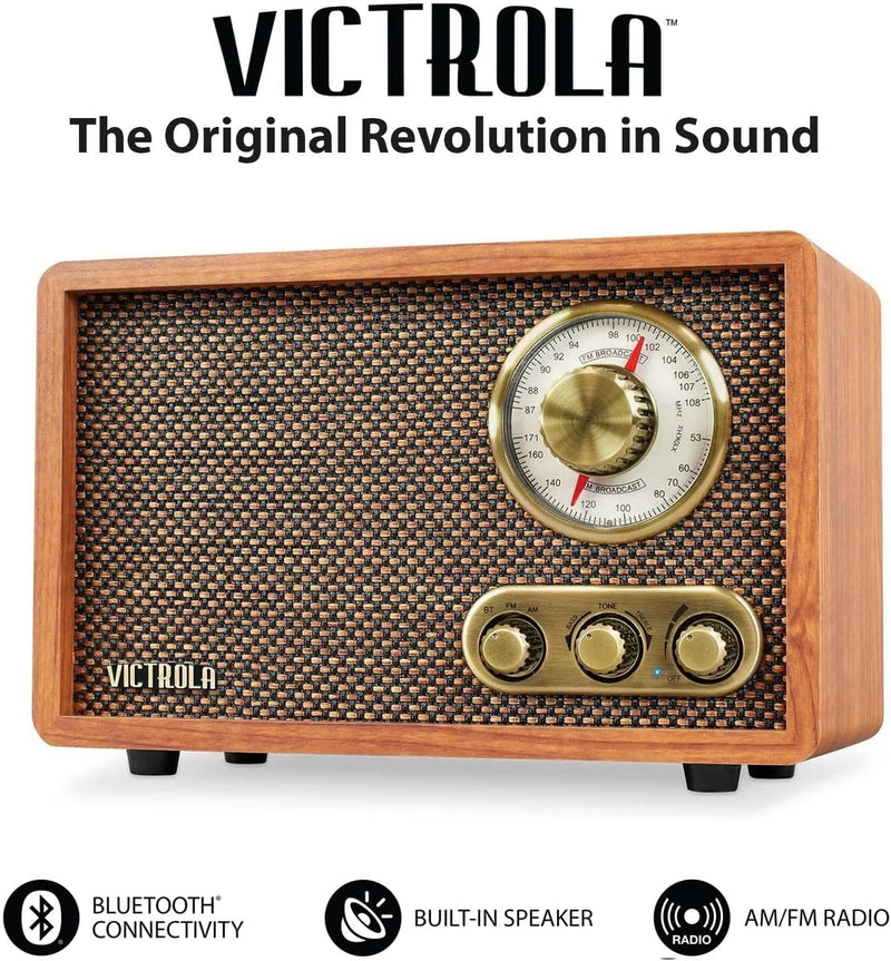 Victrola Willow – Retro Wood Bluetooth Radio with Built-in Speakers: Elegant & Vintage Design, Rotary AM/FM Tuning Dial, Bass & Treble Control, Wireless Streaming (Espresso)