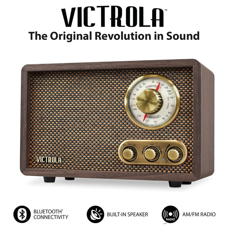 Victrola Willow – Retro Wood Bluetooth Radio with Built-in Speakers: Elegant & Vintage Design, Rotary AM/FM Tuning Dial, Bass & Treble Control, Wireless Streaming (Espresso)