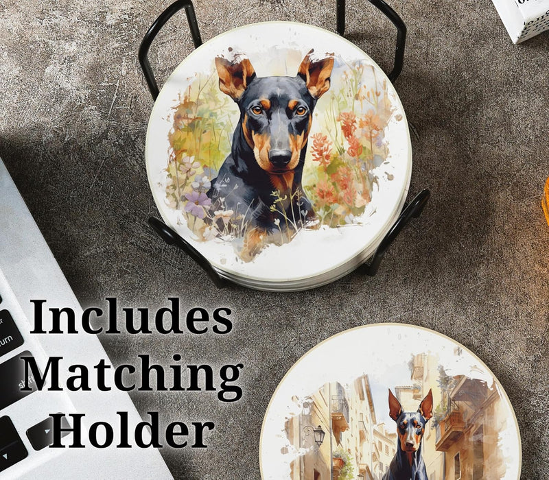 Doberman Pinscher Gifts, Ceramic Coaster, Set of 6, with Gift Box, Absorbent with Cork Base, Home Decor for Family, Housewarming, Thanksgiving, Birthday and Christmas